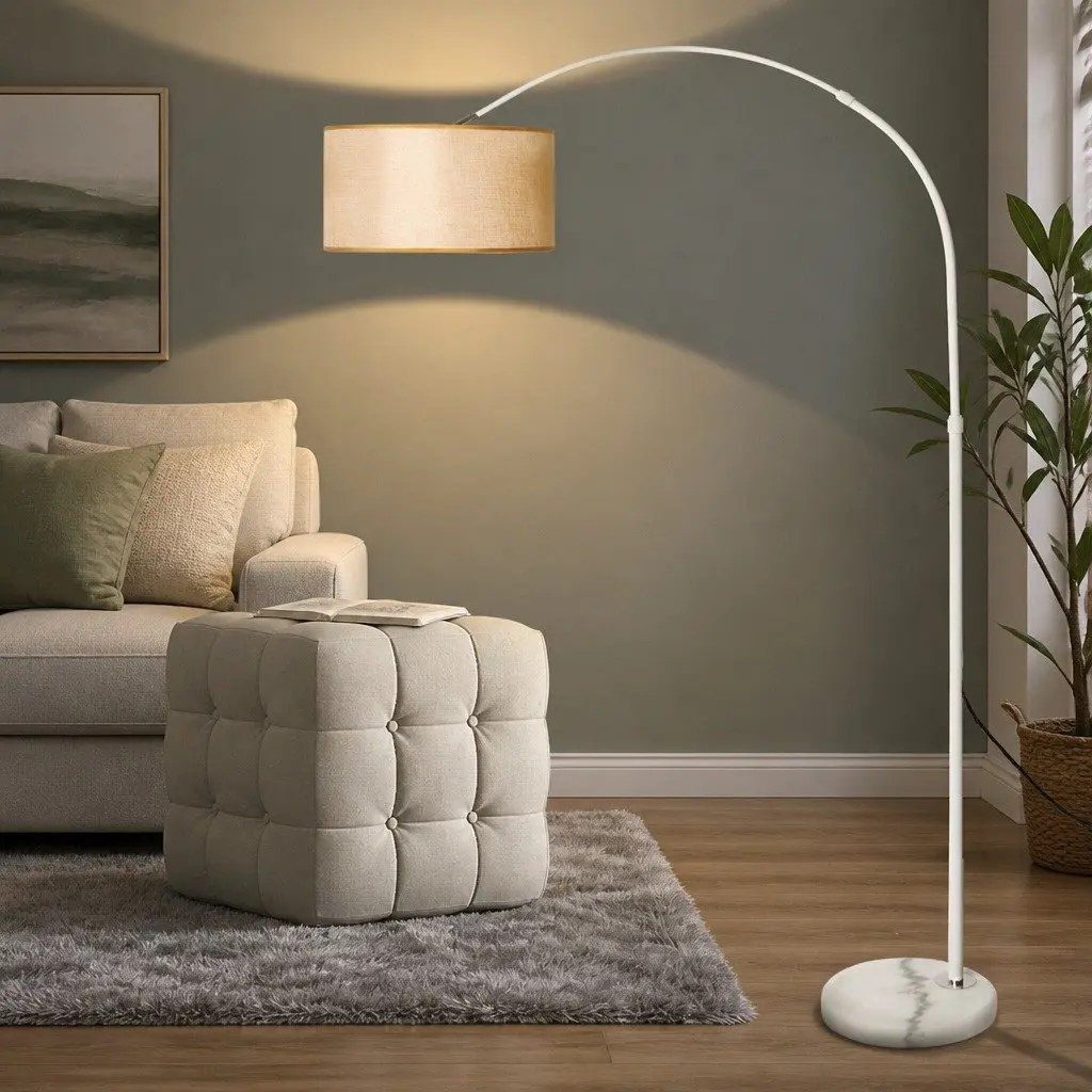 Modern LED Floor Lamp Reading Light Adjustable Arm Marble Base Linen Shade