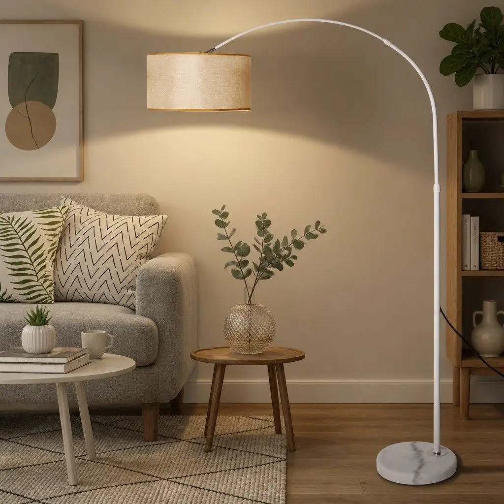 Modern LED Floor Lamp Reading Light Adjustable Arm Marble Base Linen Shade