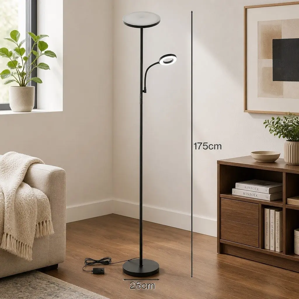 Floor Lamp Adjustable Dual-Head Reading Light Remote Control Dimmable Matte Black