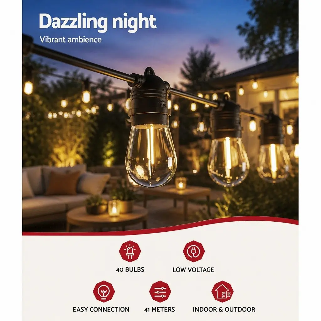 Festoon String Lights Warm White 37m 40 Bulbs Suitable for Indoor and Outdoor Use