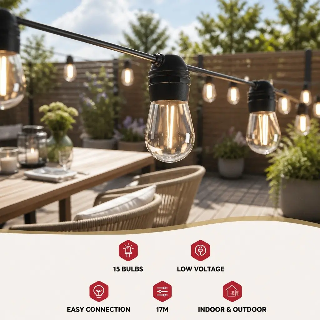 Solar Festoon String Lights Outdoor LED Warm White 34m with Auto On Off Light Sensor and Four Lighting Modes