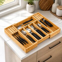 Bamboo Expandable Drawer Organizer with Knife Block 7 Compartments Kitchen