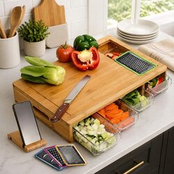Large Bamboo Cutting Board with 4 Storage Trays and Mobile Holder Kitchen