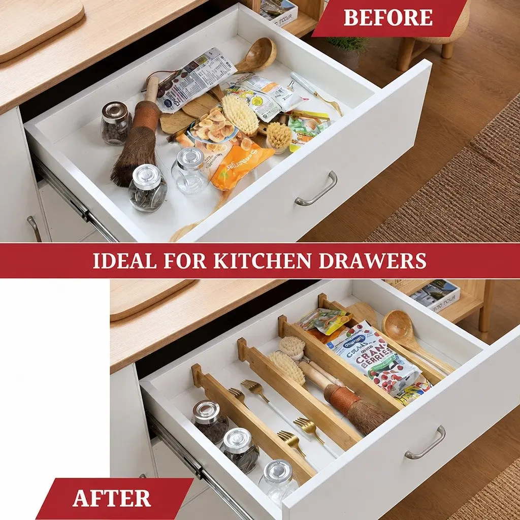 Kitchen Drawer Dividers 6 Pack Adjustable Bamboo Organizer Storage 44-55cm