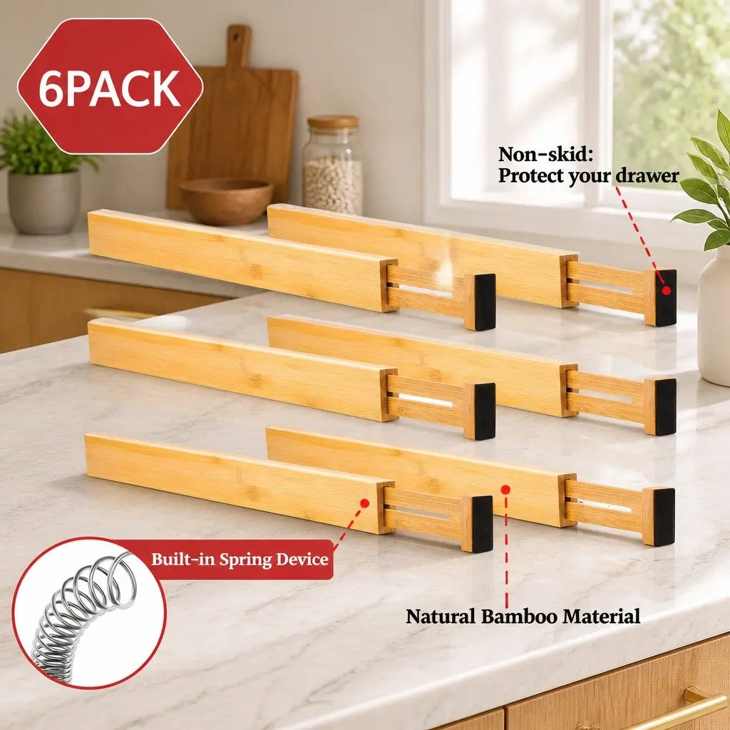 Kitchen Drawer Dividers 6 Pack Adjustable Bamboo Organizer Storage 44-55cm