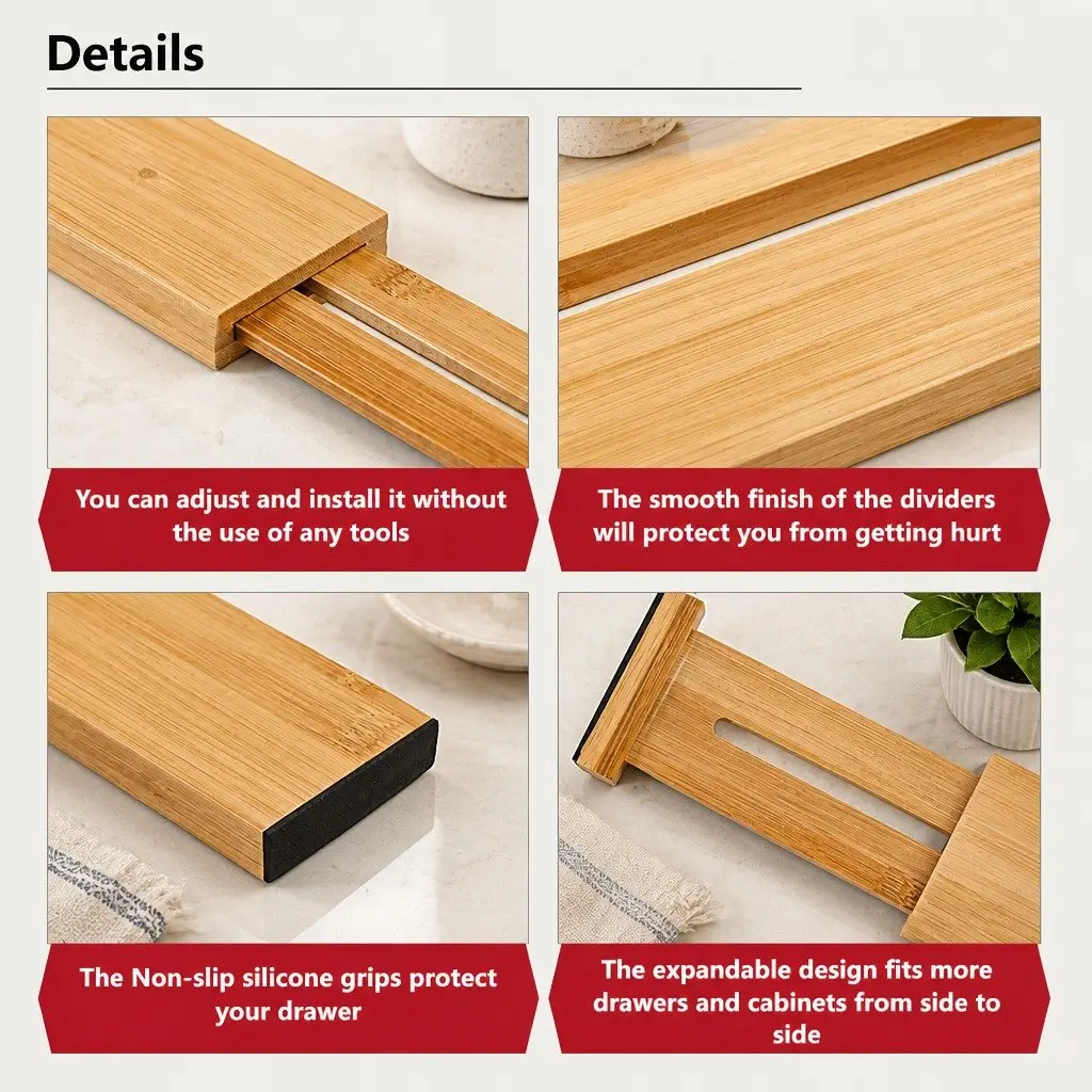 Kitchen Drawer Dividers 6 Pack Adjustable Bamboo Organizer Storage 44-55cm