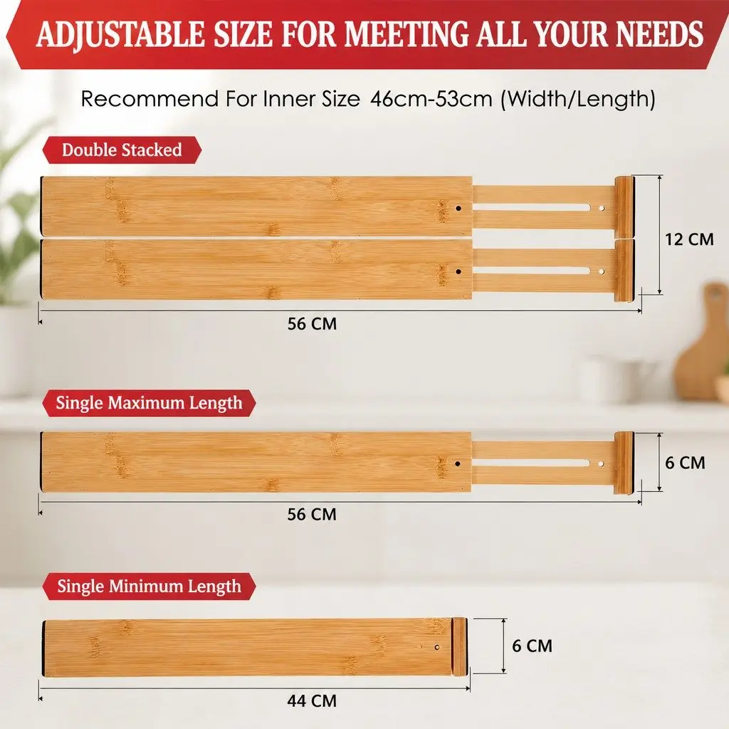 Kitchen Drawer Dividers 6 Pack Adjustable Bamboo Organizer Storage 44-55cm