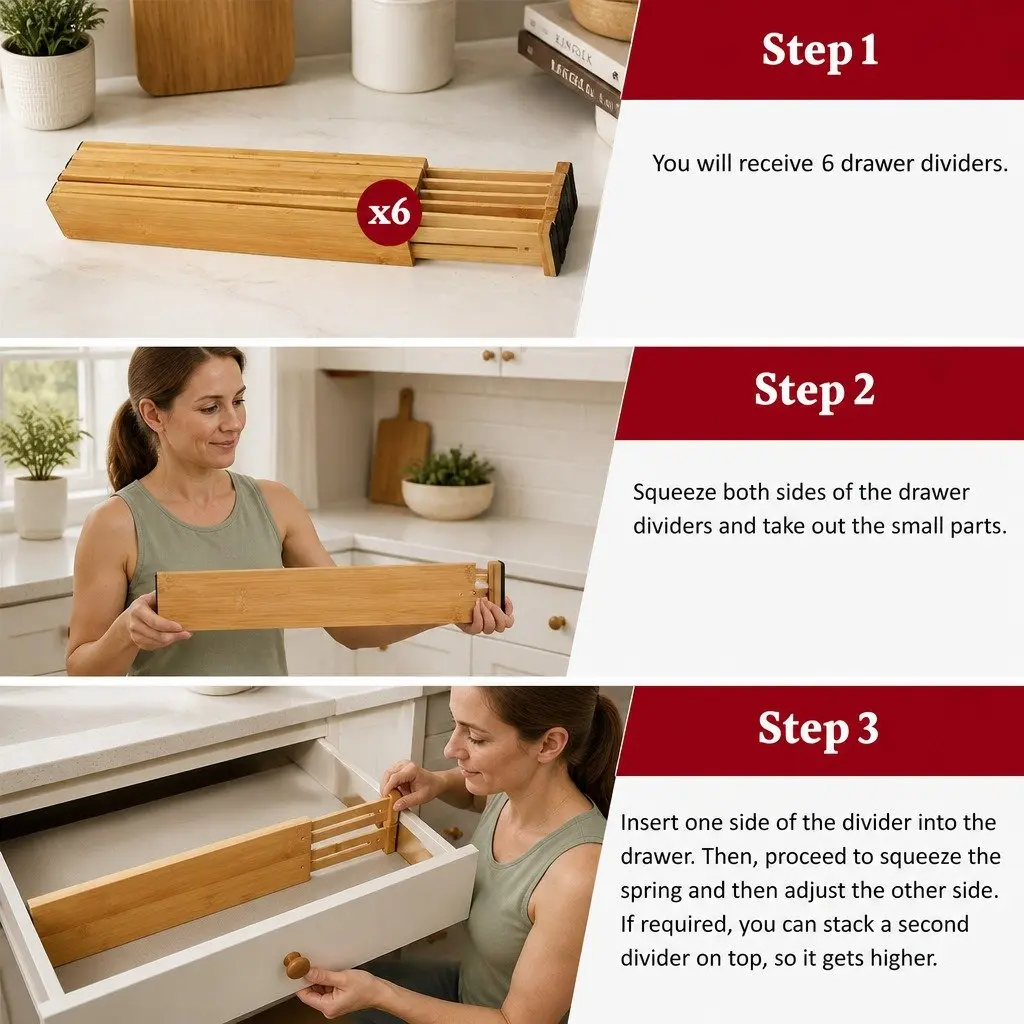 Kitchen Drawer Dividers 6 Pack Adjustable Bamboo Organizer Storage 44-55cm