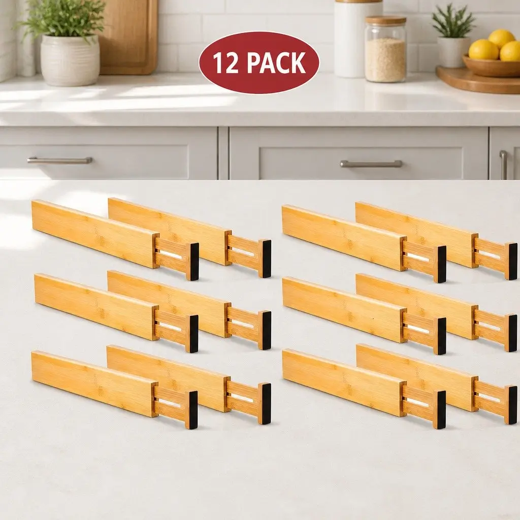 Kitchen Drawer Dividers Adjustable Bamboo Organizer 44-55cm Large 12 Pack Set