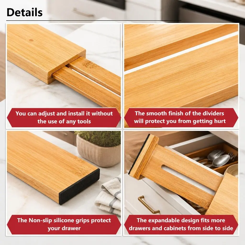 Kitchen Drawer Dividers Adjustable Bamboo Organizer 44-55cm Large 12 Pack Set
