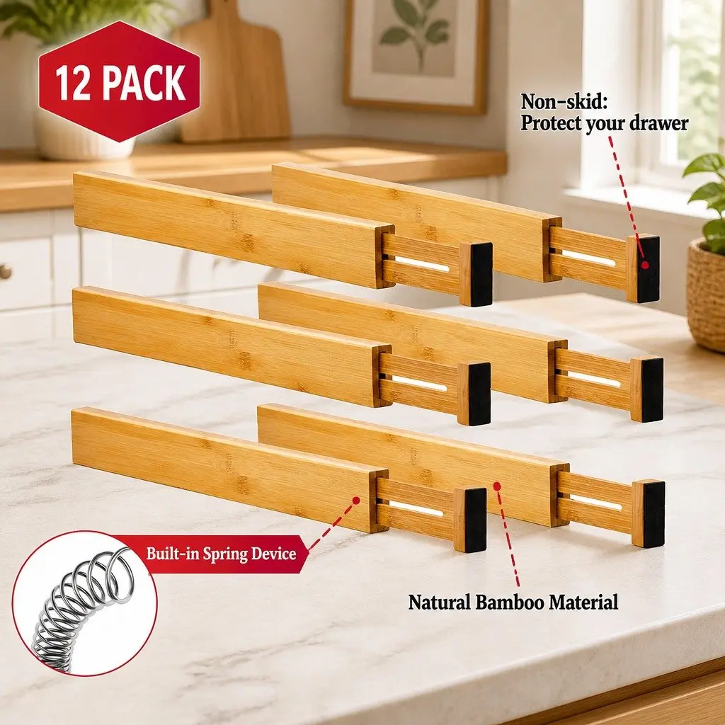 Kitchen Drawer Dividers Adjustable Bamboo Organizer 44-55cm Large 12 Pack Set