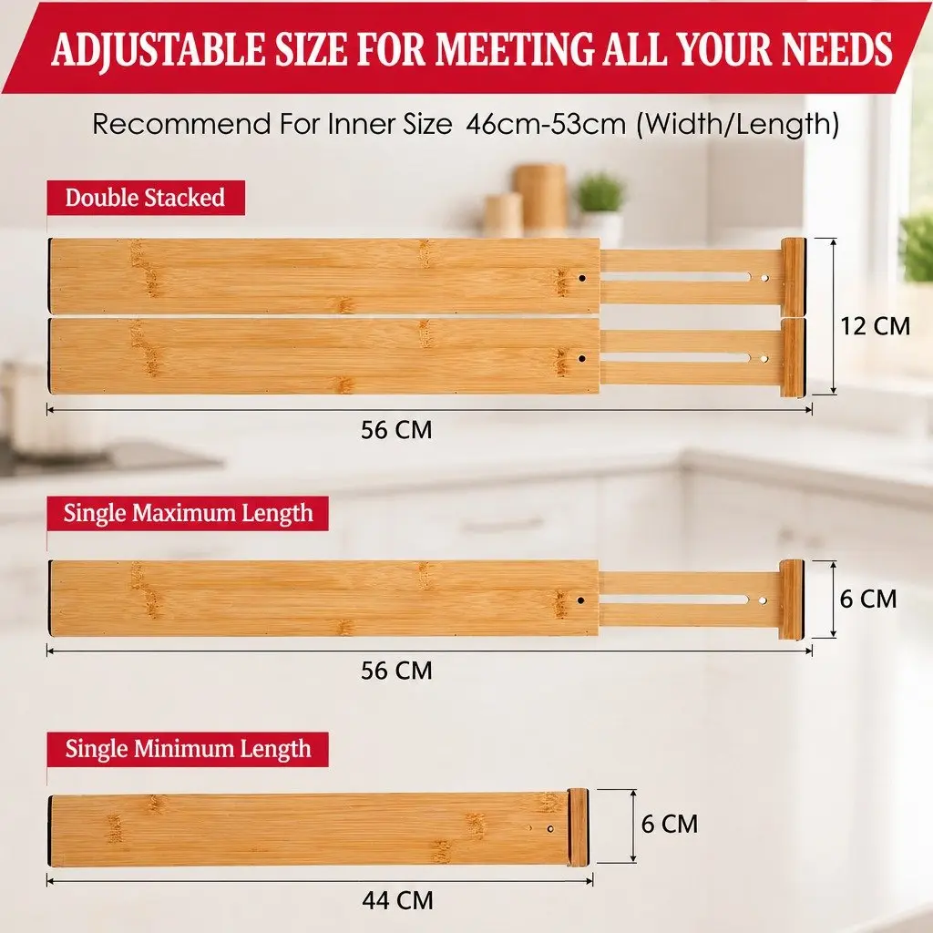 Kitchen Drawer Dividers Adjustable Bamboo Organizer 44-55cm Large 12 Pack Set
