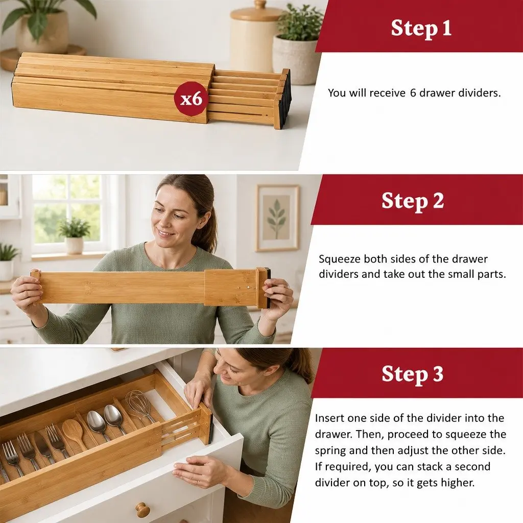 Kitchen Drawer Dividers Adjustable Bamboo Organizer 44-55cm Large 12 Pack Set