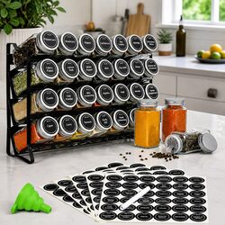 4-Tier Spice Rack Organiser with 28 Glass Jars, Labels, Funnel and Marker for