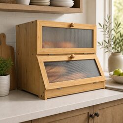 Double Layer Bamboo Bread Box Kitchen Counter Storage with Clear Window Large