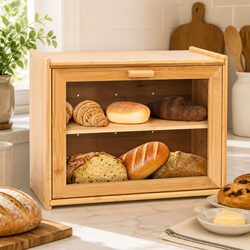 Double Layer Bamboo Bread Box Kitchen Counter Storage Transparent Window Large