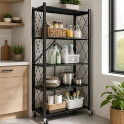 5-Tier Foldable Storage Shelf with Lockable Wheels for Kitchen Garage Pantry