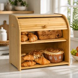 Large Bamboo Bread Box Roll Top Storage Organizer Kitchen Counter 2-Tier