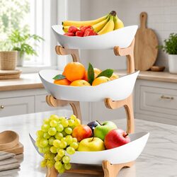 3-Tier Ceramic Fruit Bowl with Bamboo Stand Kitchen Counter Snack Tray Dessert