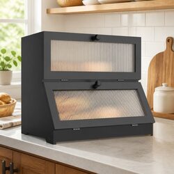 Bread Box Double Layer Bamboo Kitchen Counter Storage Container Clear Window