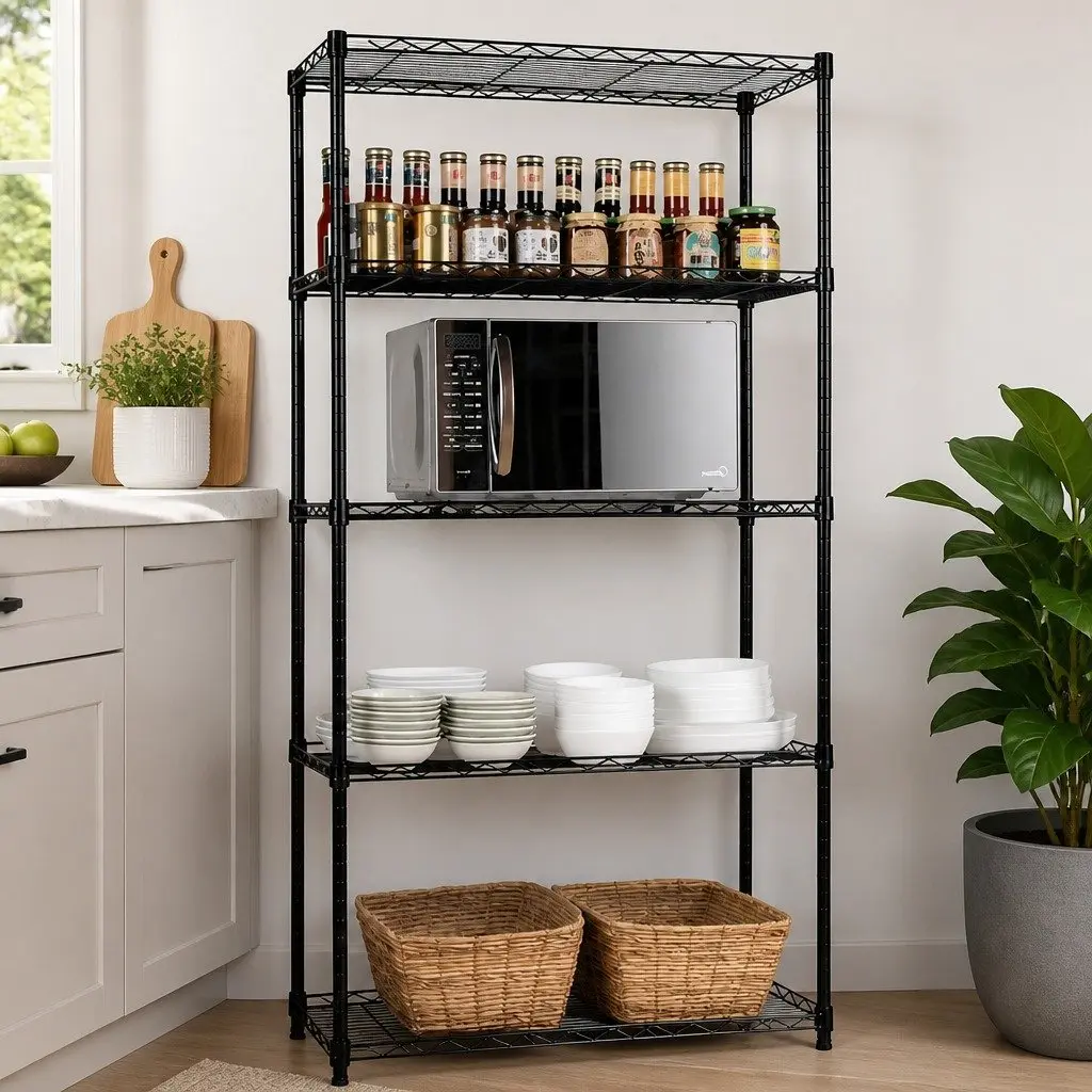 5-Tier Adjustable Metal Storage Shelves Wire Rack Organizer for Kitchen Pantry 60cm W x 40cm D x 145cm H