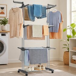 Folding Clothes Drying Rack 4-Tier with Wheels Adjustable Wings Laundry Storage