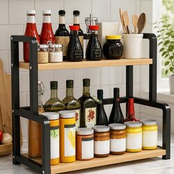 2-Tier Wooden Kitchen Countertop Spice Rack Organizer Storage Condiments Oils