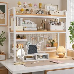 Desktop Hutch Bookshelf 2-Tier Metal Grid Panel Organizer for Computer Desk