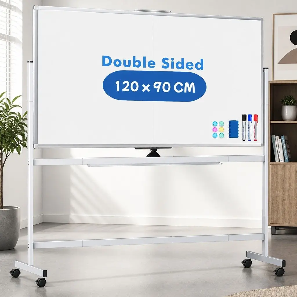 Double-Sided Magnetic Whiteboard 120x90cm Mobile Reversible Writing Board