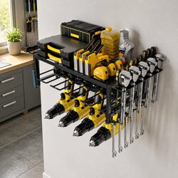 2-Tier Wall Mount Power Tool Rack Organizer Drill Holder Wrench Hooks Workshop