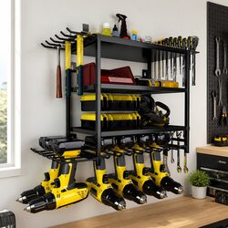 4-Tier Wall Mount Power Tool Organizer Rack with Drill Holder Wrench Hooks