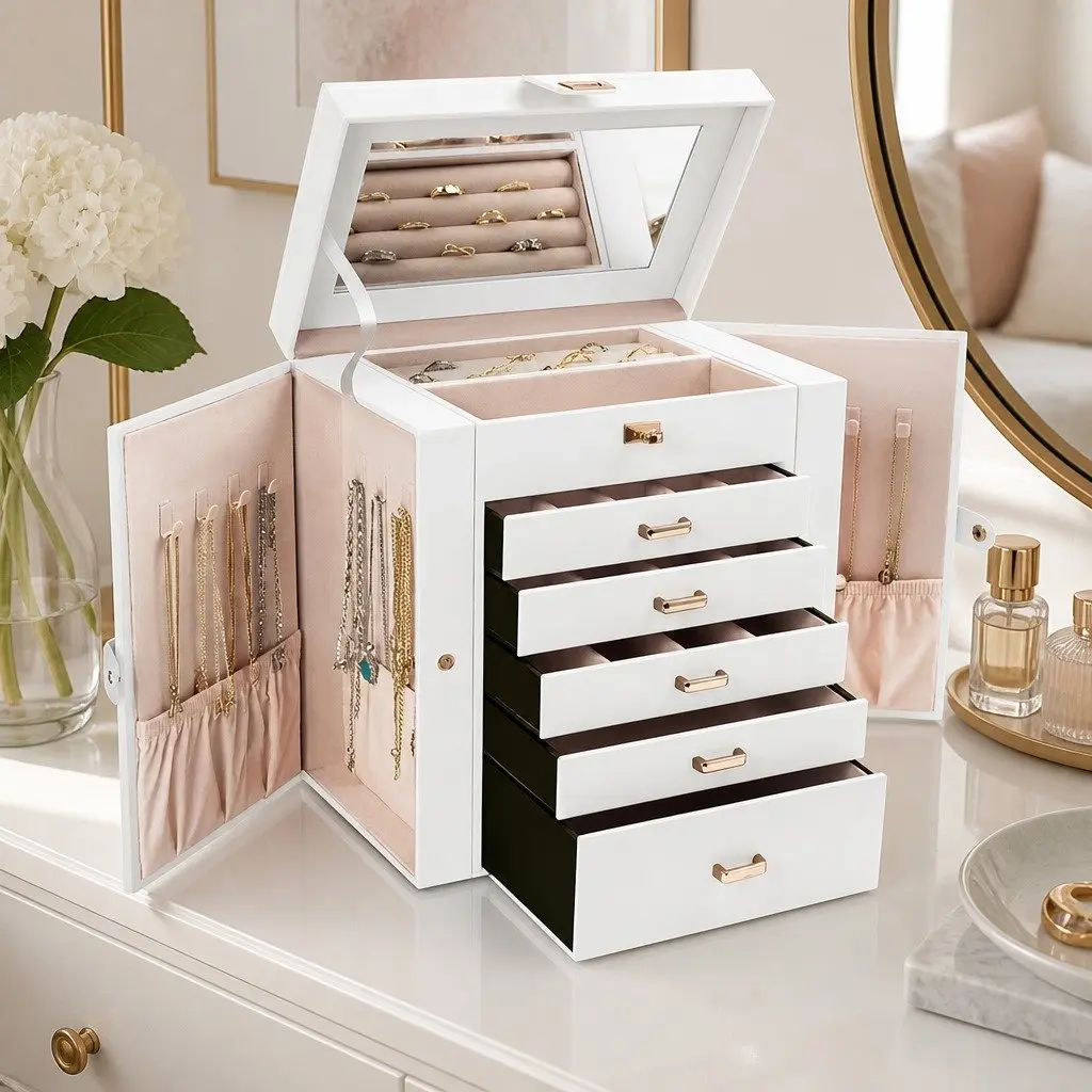 Jewelry Box Large 6-Layer Women Organizer with Mirror Lock Necklace Hooks