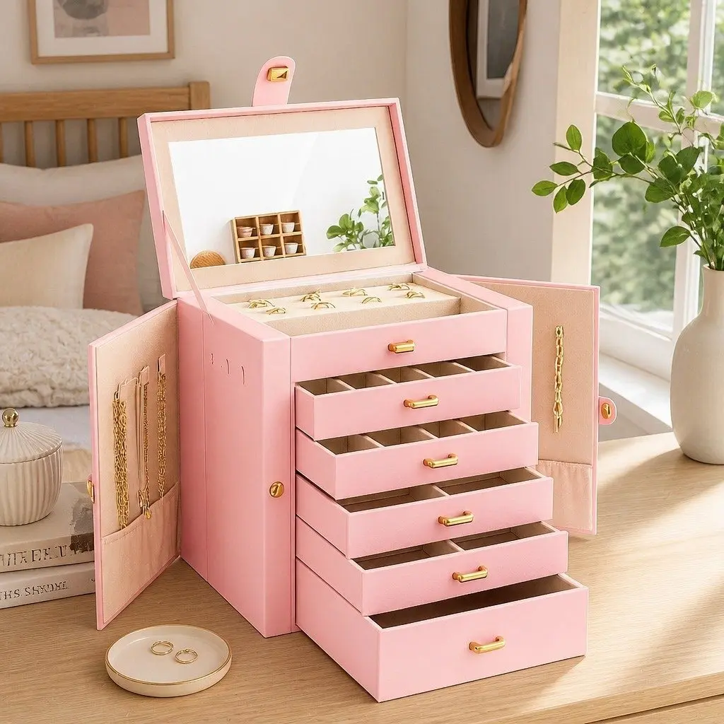 Large 6-Layer Jewelry Box with Drawers Mirror Lock Necklace Hooks Side