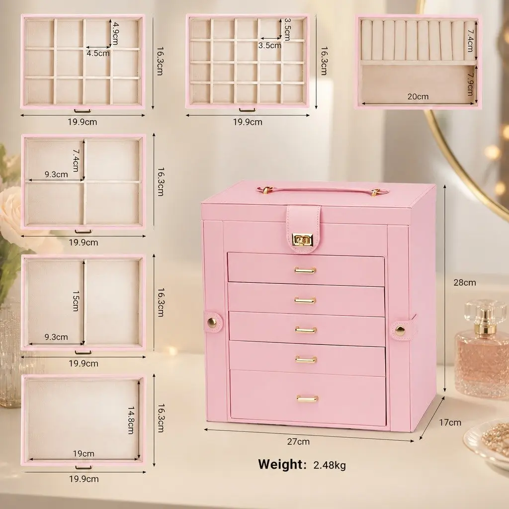 Large 6-Layer Jewelry Box with Drawers Mirror Lock Necklace Hooks Side