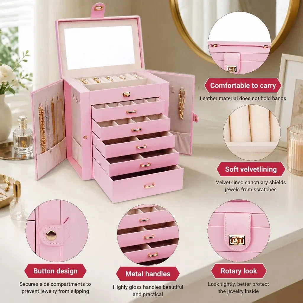 Large 6-Layer Jewelry Box with Drawers Mirror Lock Necklace Hooks Side