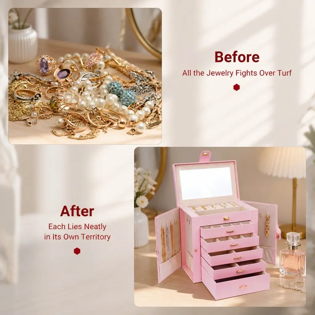Large 6-Layer Jewelry Box with Drawers Mirror Lock Necklace Hooks Side
