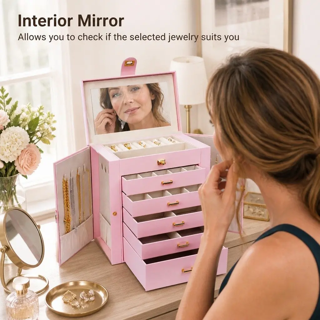 Large 6-Layer Jewelry Box with Drawers Mirror Lock Necklace Hooks Side