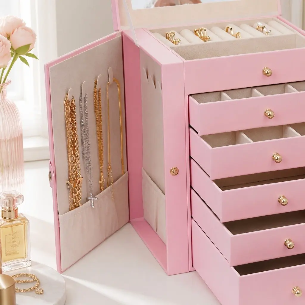 Large 6-Layer Jewelry Box with Drawers Mirror Lock Necklace Hooks Side