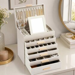 Large Jewelry Organizer Box with Mirror Drawers Hooks Dividers for Women Storage