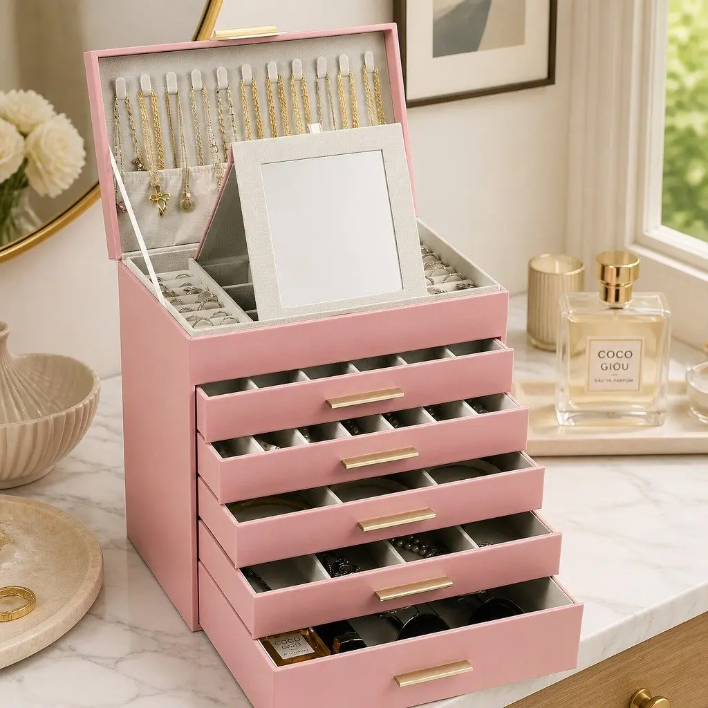 Jewelry Organizer Box 6-Layer Storage with Mirror Drawers Hooks Dividers Women