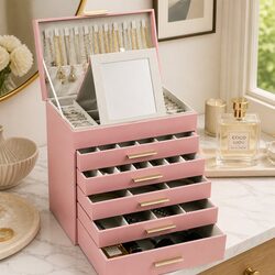 Jewelry Organizer Box 6-Layer Storage with Mirror Drawers Hooks Dividers Women