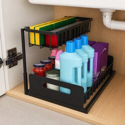 Under Sink Organiser 2 Tier Sliding Drawers Kitchen Bathroom Storage Pull Out