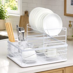 2-Tier Dish Drying Rack Kitchen Counter Drip Tray Utensil Holder Cutlery