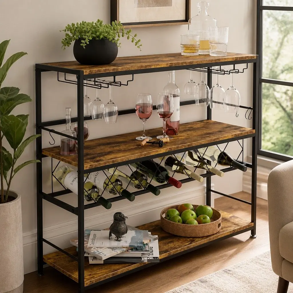 Large Wine Rack with Glass Holder Metal Frame Wood Countertop 20+ Bottle Storage