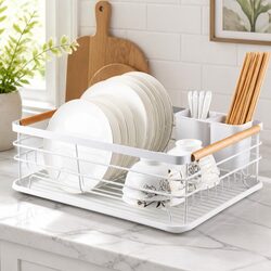 Dish Drying Rack Wooden Handles Removable Cutlery Holder Drainboard Kitchen