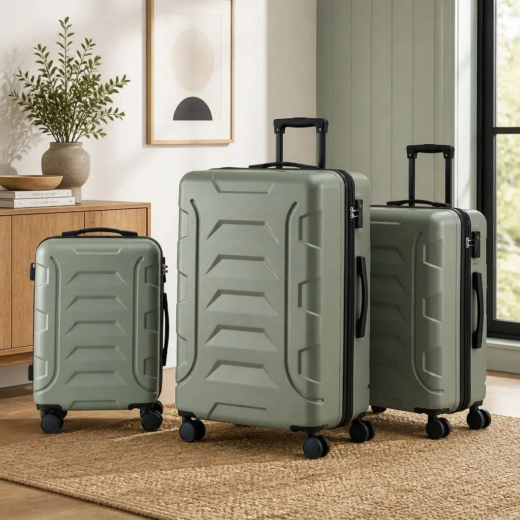 Luggage Suitcase Set Hard Shell 3 Piece Lightweight Grey Green