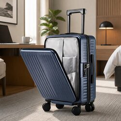 20" Carry On Luggage Suitcase Front Pocket TSA Dual Locks Spinner Wheels Navy
