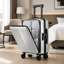 20" Carry On Luggage Front Pocket Suitcase TSA Locks Spinner Wheels Silver