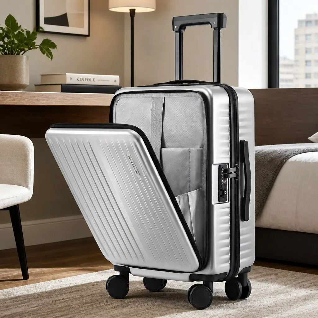 20" Carry On Suitcase Front Pocket Quick Access Laptop Compartment Silver ABS Travel Case