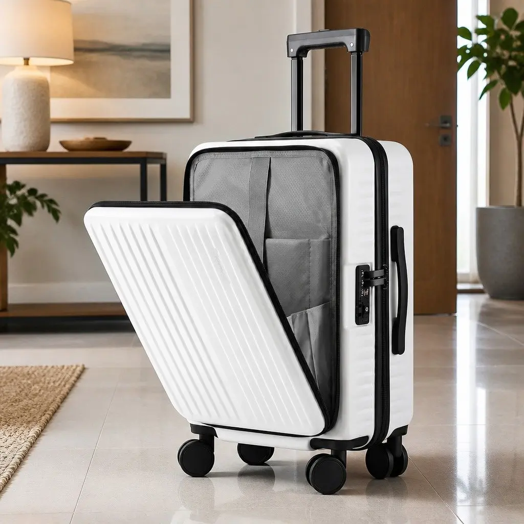 20" Carry On Luggage Suitcase Front Pocket Quick Access Laptop Compartment White